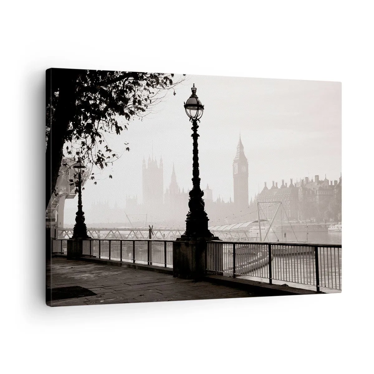 Cuadro sobre lienzo - Impresión de Imagen - Una vista monocromática del Big Ben y el Támesis. - 70x50cm - La mañana de Londres - Decoración de pared moderna para salón y dormitorio ARTTOR