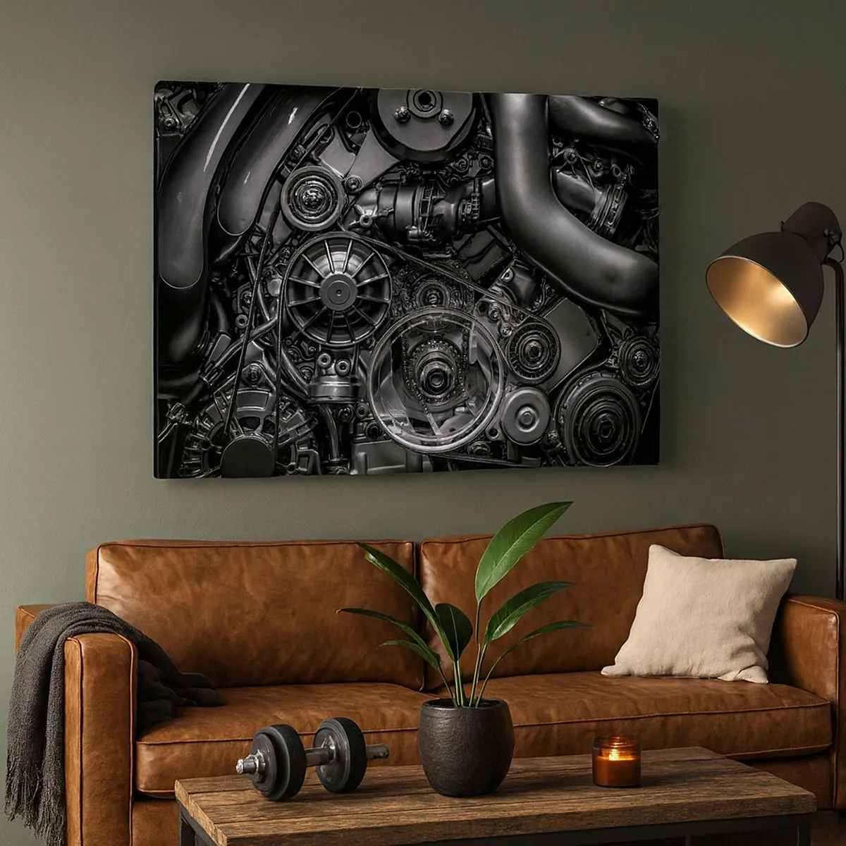 Cuadro sobre lienzo - Impresión de Imagen - Primer plano en blanco y negro de los detalles mecánicos de un motor de automóvil. - 70x50cm - La poesía de la mecánica - Decoración de pared moderna para salón y dormitorio ARTTOR