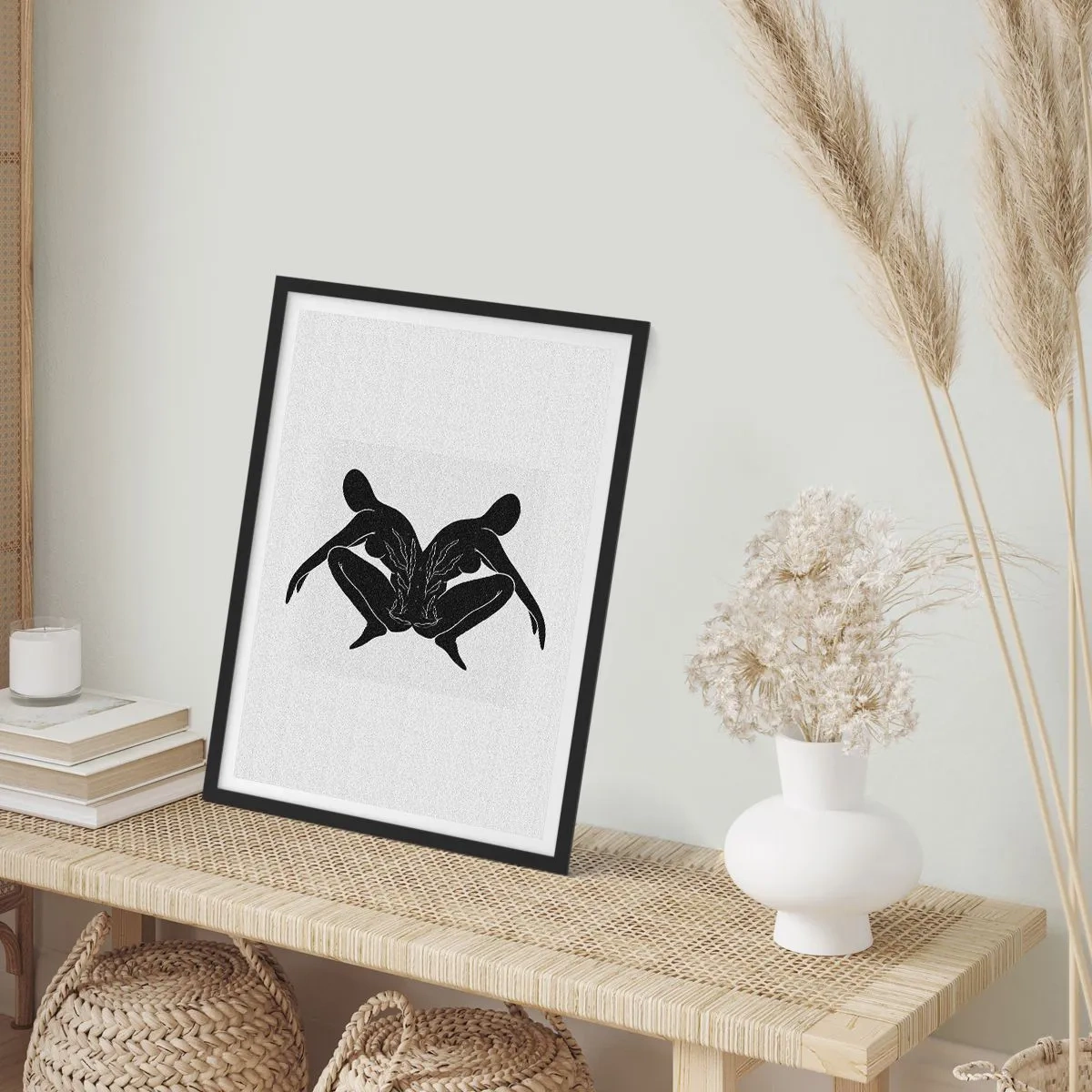 Póster en marco negro - Siluetas negras de figuras en una composición simétrica. - 50x70cm - Un alma compartida - Decoración de pared moderna para salón y dormitorio ARTTOR