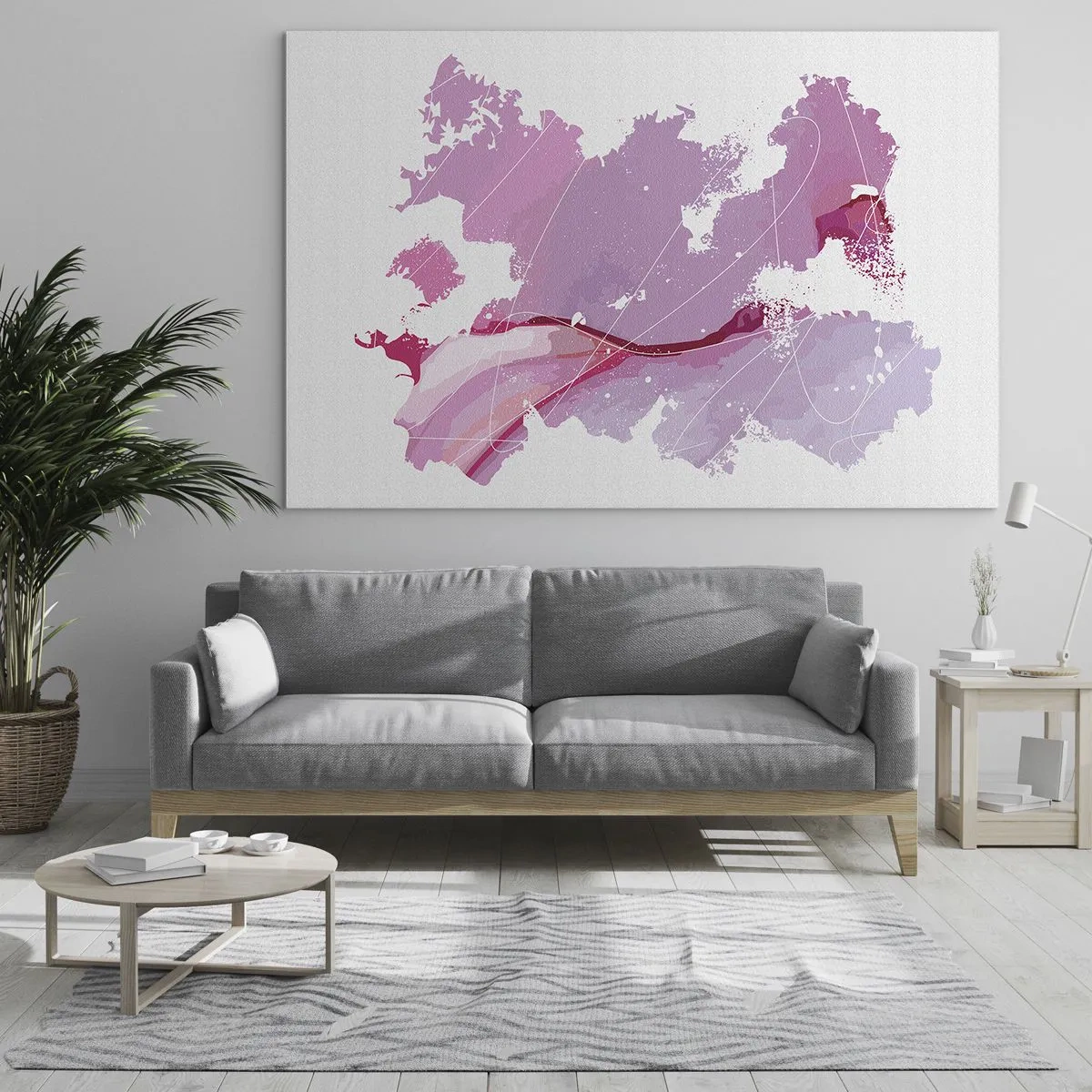 Cuadro sobre vidrio - Impresiones sobre Vidrio - Mapa abstracto en tonos rosa y morado sobre fondo blanco. - 70x50cm - Mapa de un mundo rosa - Decoración de pared moderna para salón y dormitorio ARTTOR