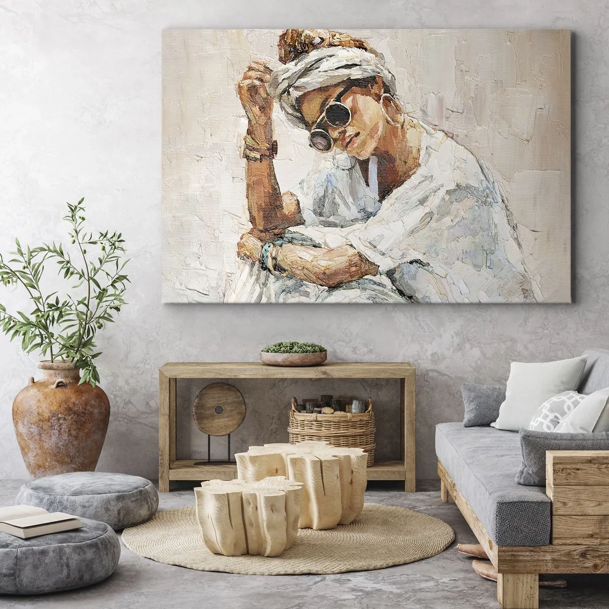 Cuadro sobre lienzo - Impresión de Imagen - Retrato de una mujer con gafas de sol contra una pared clara. - 70x50cm - Retrato a pleno sol - Decoración de pared moderna para salón y dormitorio ARTTOR