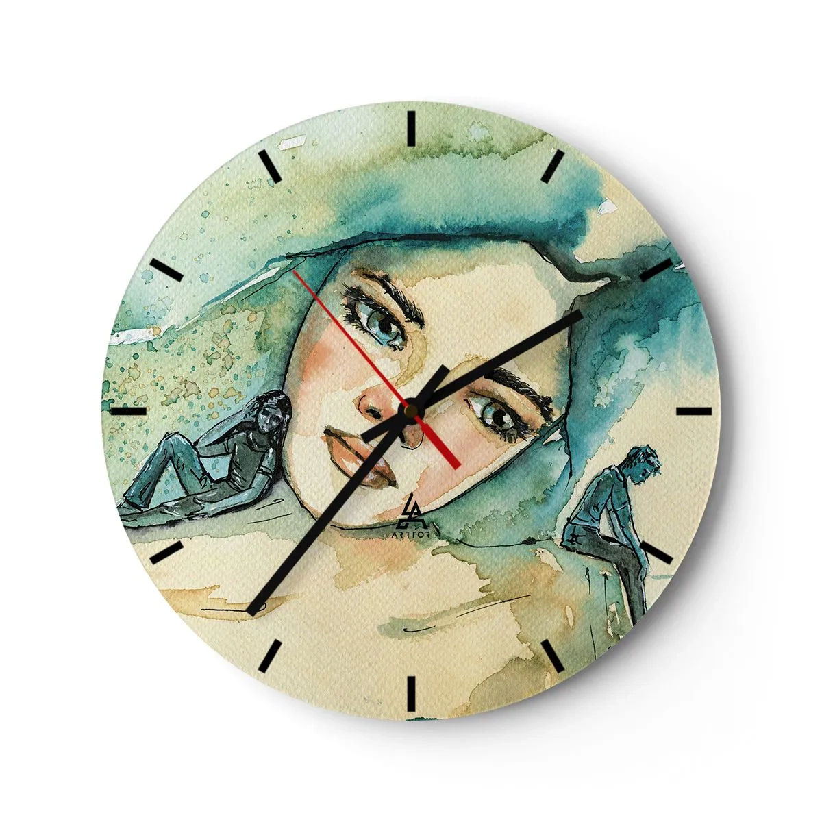 Reloj de pared - Reloj de vidrio - Retrato artístico de una mujer y siluetas en tonos azules. - 30x30cm - ¿Soy azul? - Decoración de pared moderna para salón, cocina y dormitorio ARTTOR