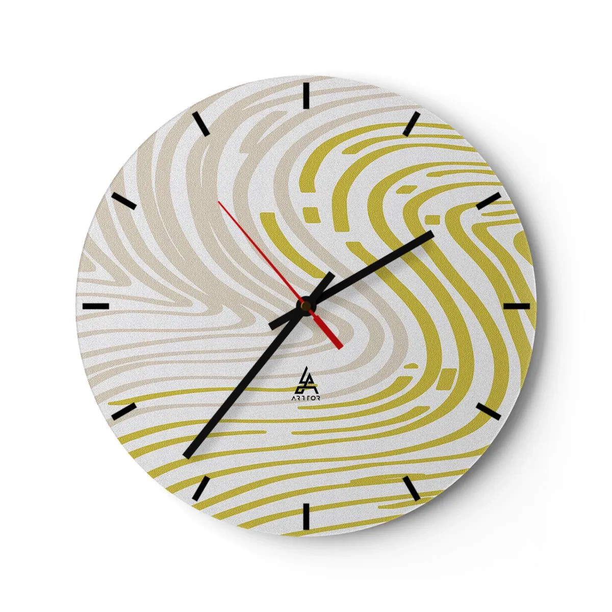 Reloj de pared - Reloj de vidrio - Las líneas abstractas en beige y amarillo crean un patrón en espiral. - 30x30cm - Composición curvada - Decoración de pared moderna para salón, cocina y dormitorio ARTTOR