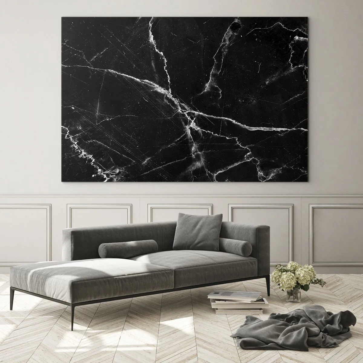 Cuadro sobre vidrio - Impresiones sobre Vidrio - Superficie de mármol negro con vetas claras. - 70x50cm - La vida secreta de la piedra - Decoración de pared moderna para salón y dormitorio ARTTOR