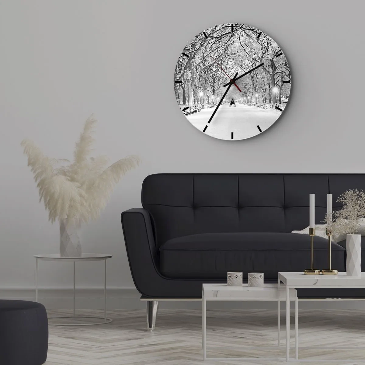 Reloj de pared - Reloj de vidrio - Callejón de árboles de invierno en el parque iluminado por faroles - 30x30cm - Cuatro estaciones - invierno - Decoración de pared moderna para salón, cocina y dormitorio ARTTOR