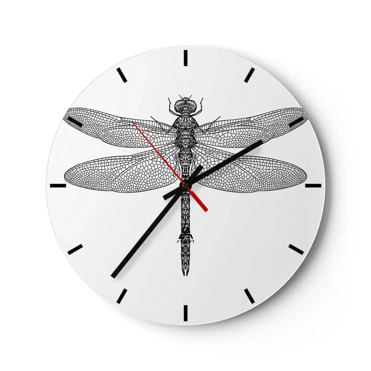 Reloj de pared - Reloj de vidrio - Ilustración detallada de una libélula en negro sobre fondo blanco. - 30x30cm - Precisión de la naturaleza - Decoración de pared moderna para salón, cocina y dormitorio ARTTOR
