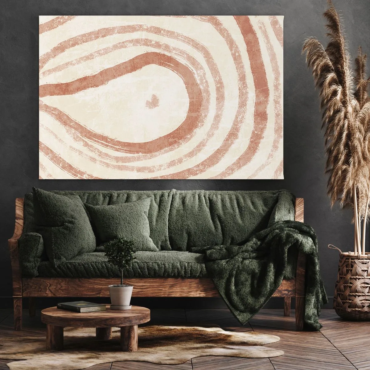 Cuadro sobre lienzo - Impresión de Imagen - Un motivo abstracto de líneas concéntricas en tonos terracota. - 70x50cm - Círculos de coral - composición - Decoración de pared moderna para salón y dormitorio ARTTOR