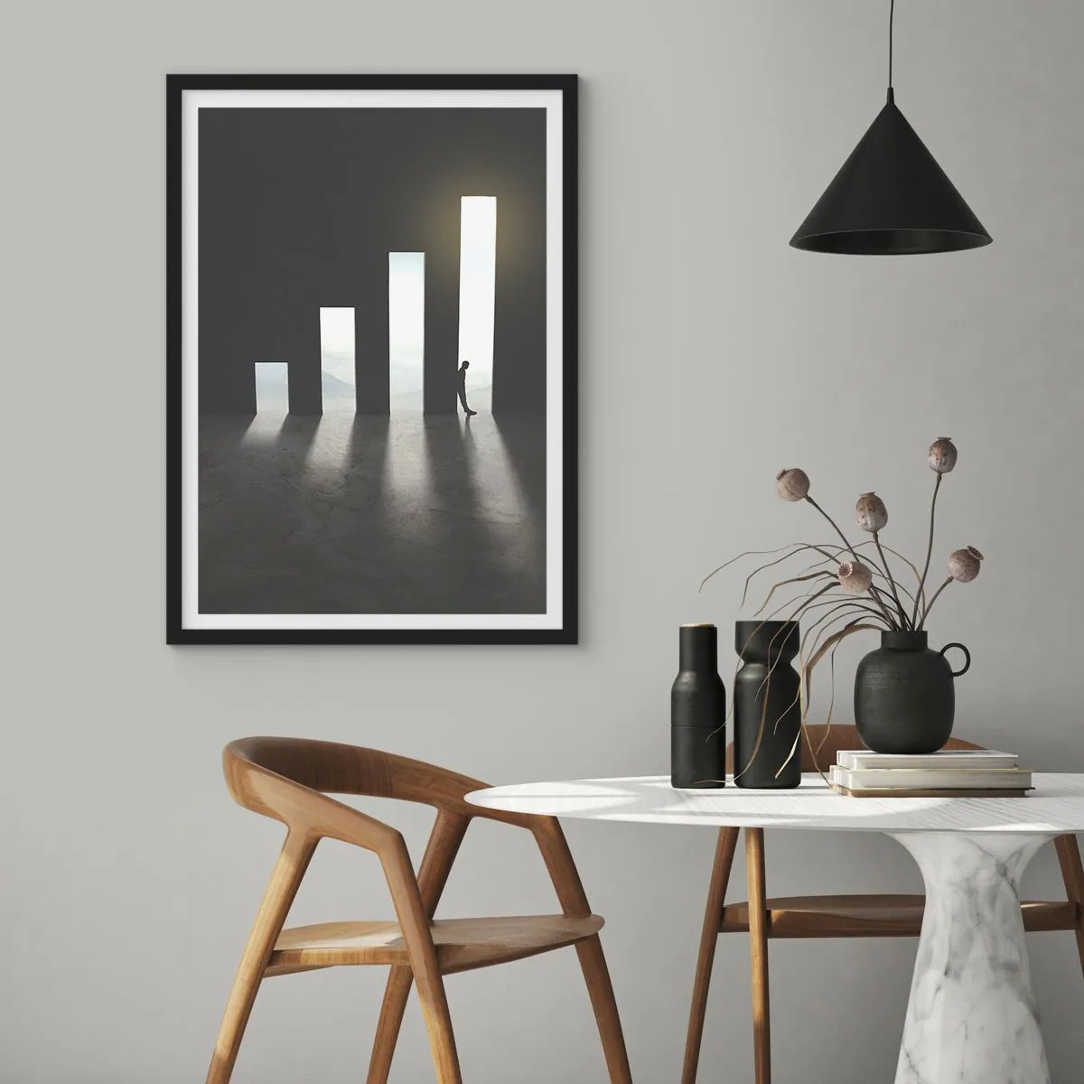 Póster en marco negro - Una puerta simbólica en forma de gráfico con una figura. - 50x70cm - El camino del éxito - Decoración de pared moderna para salón y dormitorio ARTTOR