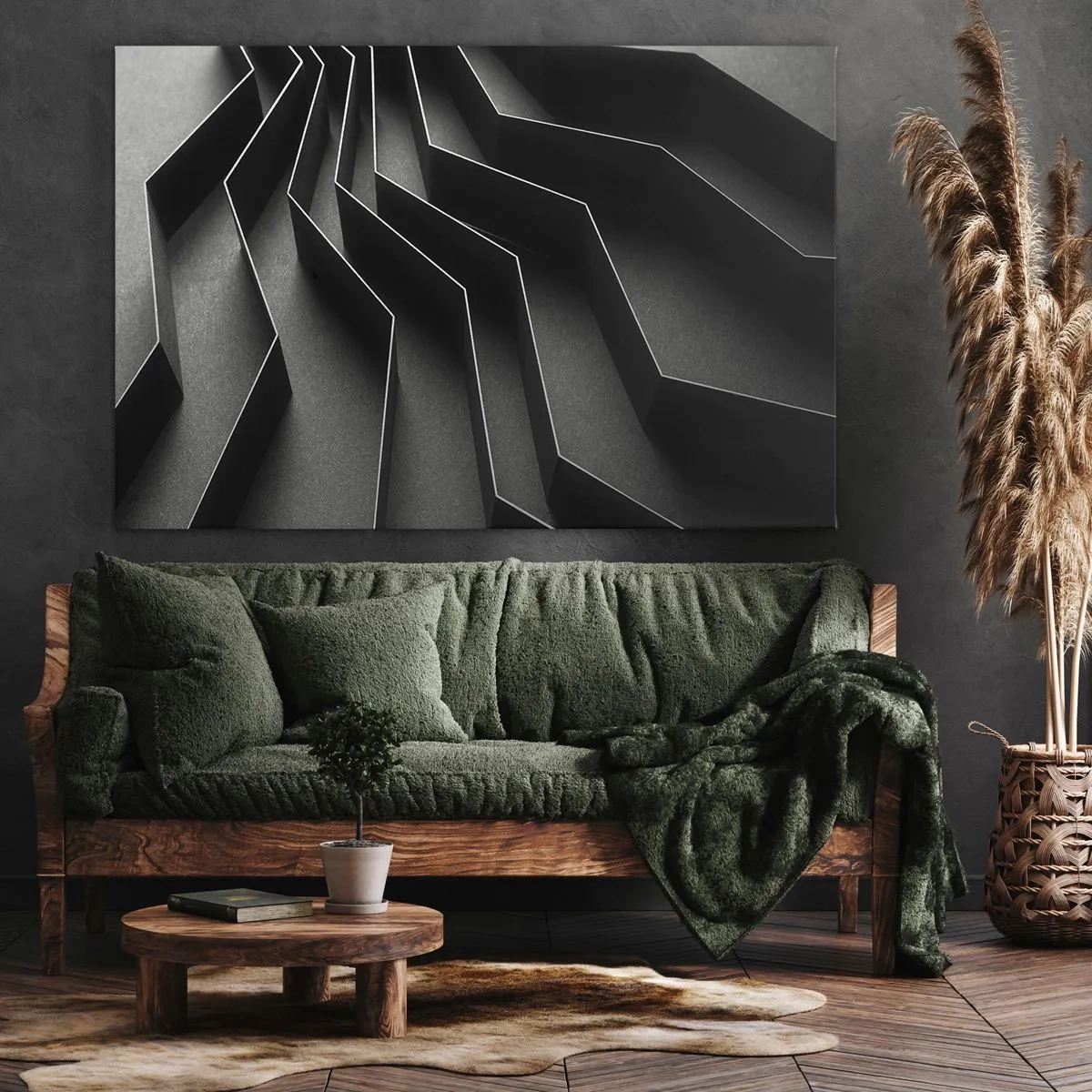 Cuadro sobre lienzo - Impresión de Imagen - Abstracción en blanco y negro con estructuras geométricas. - 70x50cm - Orden espacial - Decoración de pared moderna para salón y dormitorio ARTTOR