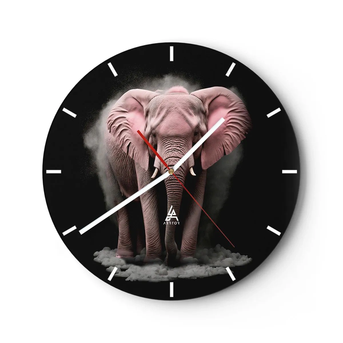 Reloj de pared - Reloj de vidrio - Un elefante rosa sobre un fondo negro rodeado de niebla. - 30x30cm - El rey rosado de oriente - Decoración de pared moderna para salón, cocina y dormitorio ARTTOR