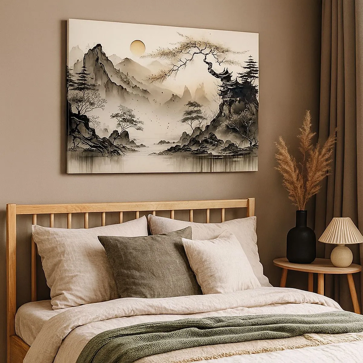Cuadro sobre lienzo - Impresión de Imagen - Un paisaje oriental con montañas y una pagoda en tonos delicados. - 70x50cm - El encanto único de Oriente - Decoración de pared moderna para salón y dormitorio ARTTOR