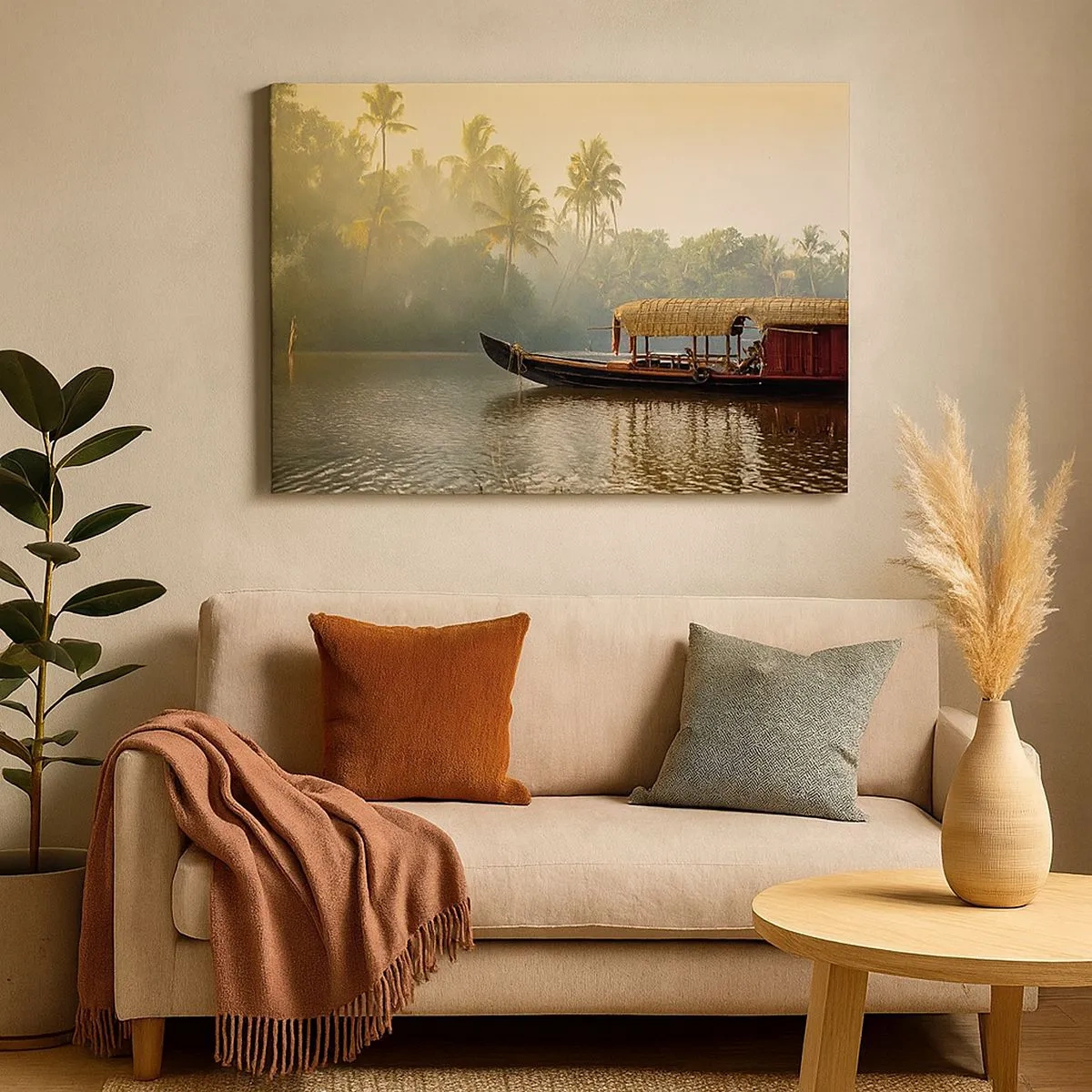 Cuadro sobre lienzo - Impresión de Imagen - Un barco tradicional en un río tranquilo entre palmeras. - 70x50cm - Casa en el río - Decoración de pared moderna para salón y dormitorio ARTTOR