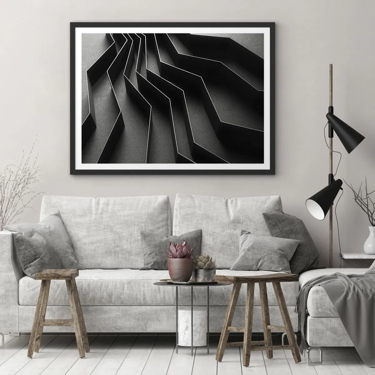 Póster en marco negro - Abstracción en blanco y negro con estructuras geométricas. - 70x50cm - Orden espacial - Decoración de pared moderna para salón y dormitorio ARTTOR