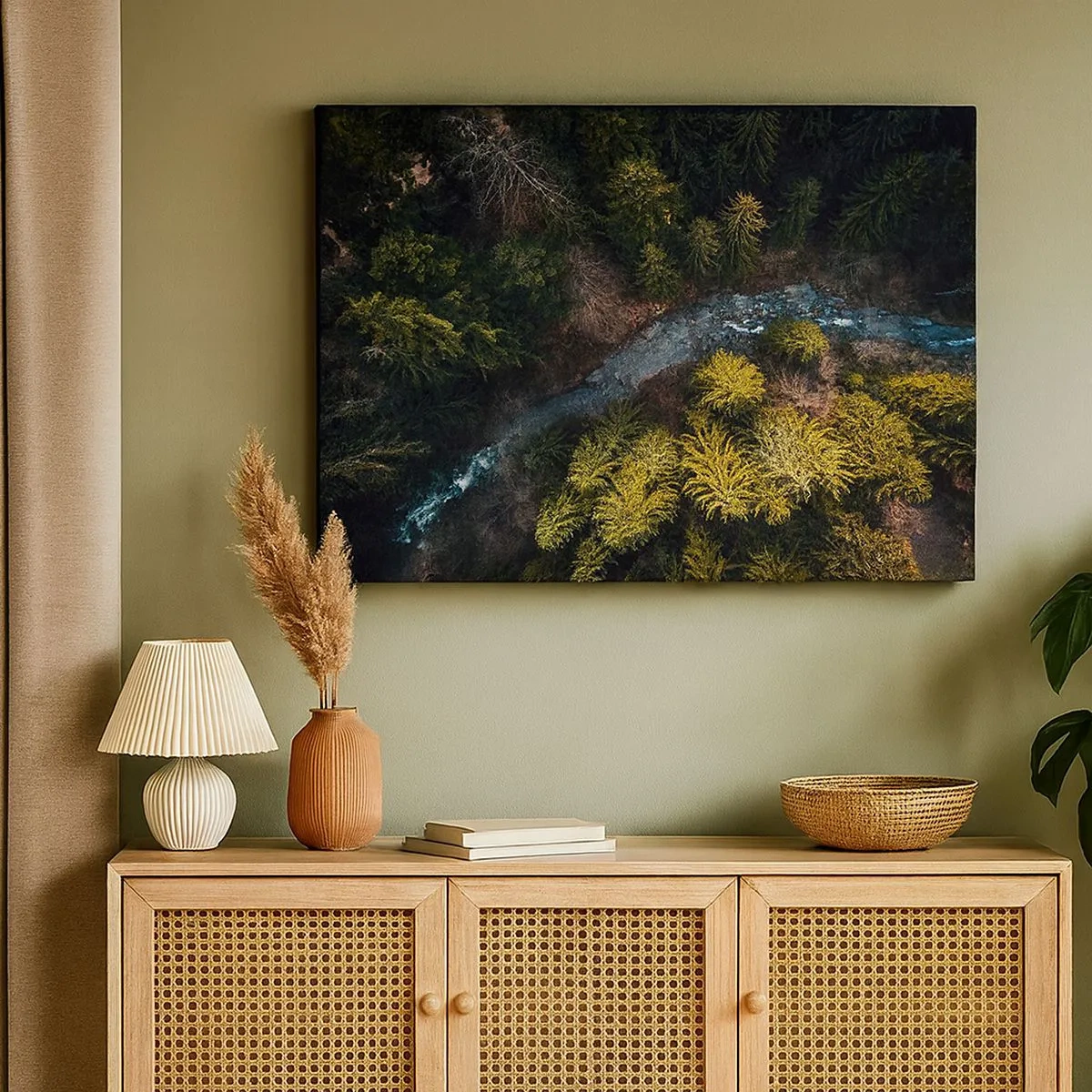 Cuadro sobre lienzo - Impresión de Imagen - Una vista desde arriba de un bosque con un río sinuoso. - 70x50cm - Rápido, cada vez más rápido - Decoración de pared moderna para salón y dormitorio ARTTOR