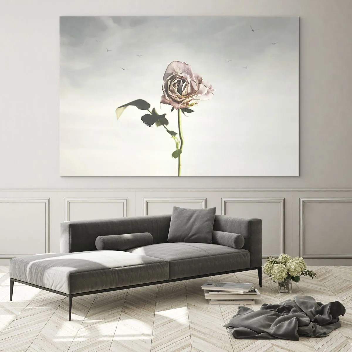 Cuadro sobre vidrio - Impresiones sobre Vidrio - Una delicada rosa contra el cielo con pájaros volando. - 70x50cm - Bienvenida a la primavera - Decoración de pared moderna para salón y dormitorio ARTTOR