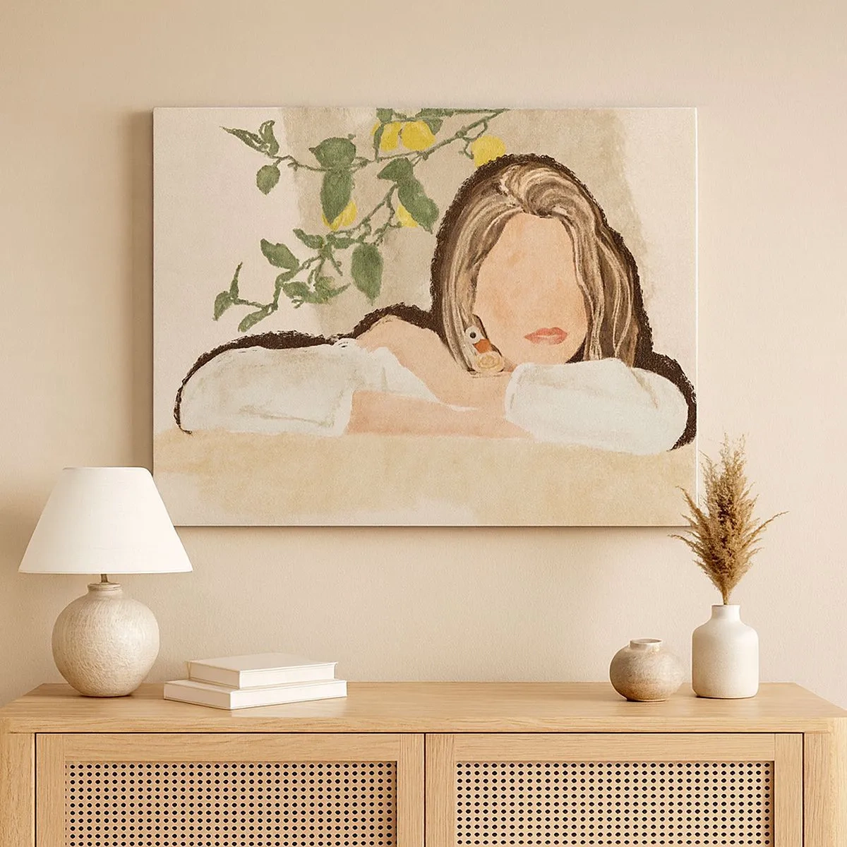 Cuadro sobre lienzo - Impresión de Imagen - La figura de una mujer sobre el fondo de un limonero. - 70x50cm - La belleza del sur - Decoración de pared moderna para salón y dormitorio ARTTOR