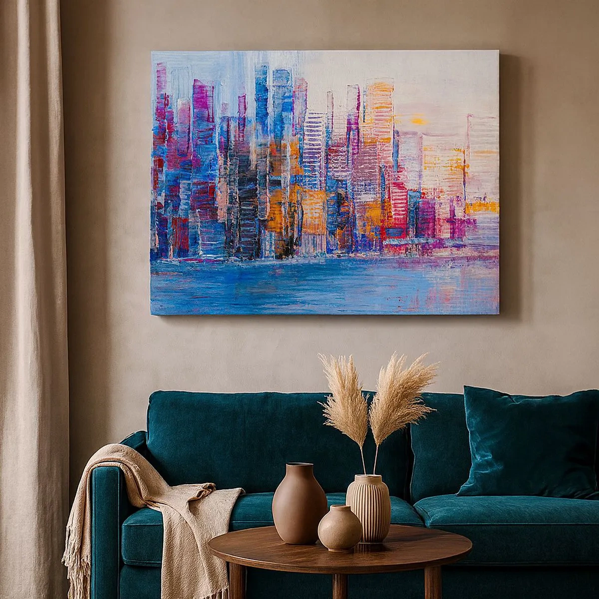Cuadro sobre lienzo - Impresión de Imagen - Un panorama colorido de la ciudad con reflejos en el agua. - 70x50cm - Una metrópoli alegre - Decoración de pared moderna para salón y dormitorio ARTTOR