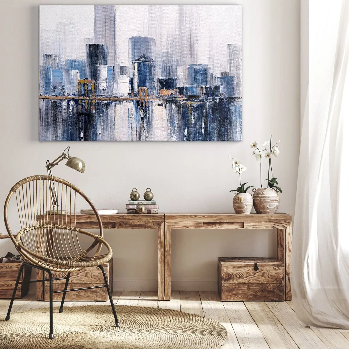 Cuadro sobre lienzo - Impresión de Imagen - Panorama abstracto de la ciudad con tonos de azul y amarillo - 70x50cm - Impresión neoyorquina - Decoración de pared moderna para salón y dormitorio ARTTOR