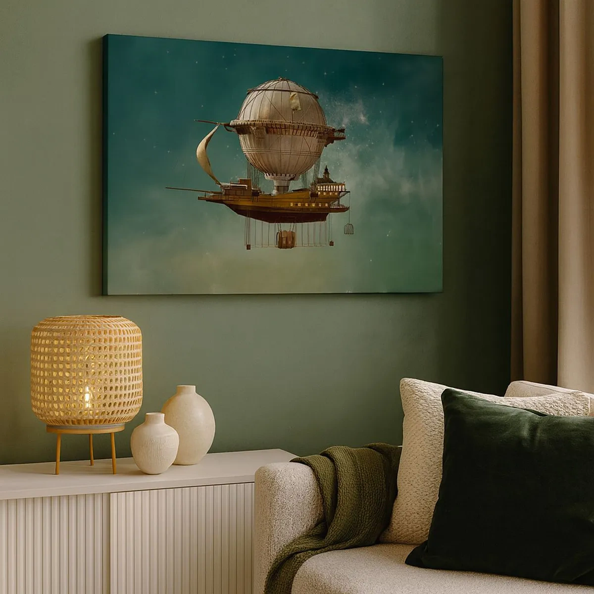 Cuadro sobre lienzo - Impresión de Imagen - Un dirigible fantástico contra el cielo verdoso. - 70x50cm - Julio Verne saluda - Decoración de pared moderna para salón y dormitorio ARTTOR