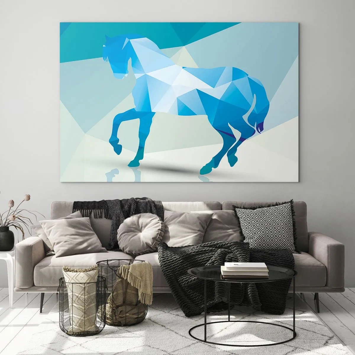 Cuadro sobre vidrio - Impresiones sobre Vidrio - Caballo geométrico en tonos azules y blancos. - 70x50cm - Caballo geométrico en turquesa - Decoración de pared moderna para salón y dormitorio ARTTOR