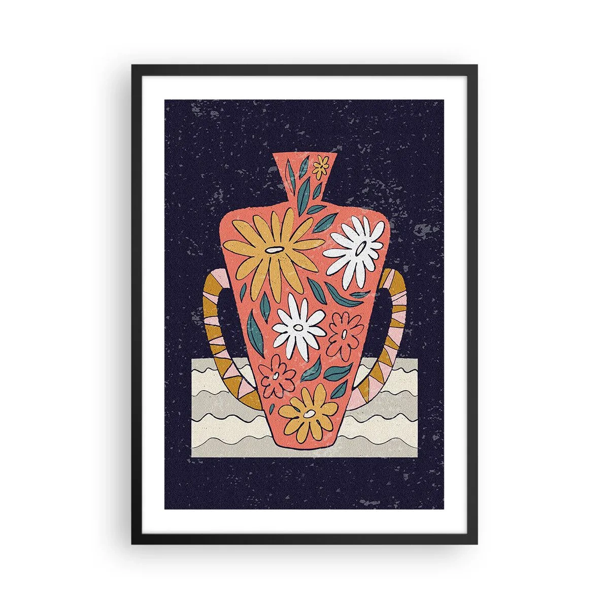 Póster en marco negro - Un jarrón colorido con un estampado floral sobre un fondo oscuro. - 50x70cm - Jarrón pintado - Decoración de pared moderna para salón y dormitorio ARTTOR