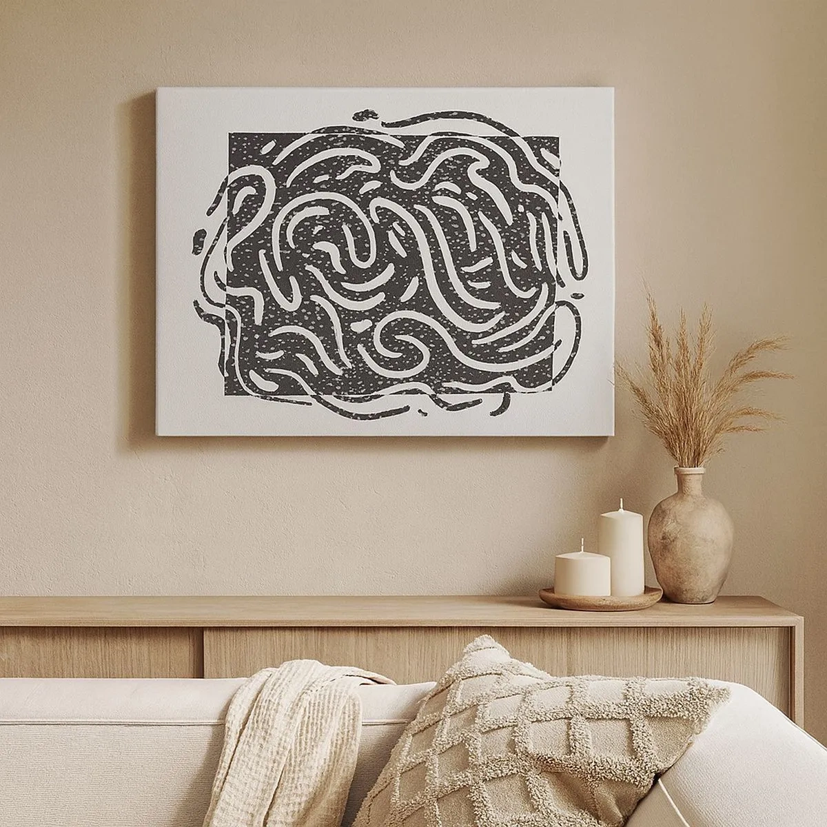 Cuadro sobre lienzo - Impresión de Imagen - Abstracción en blanco y negro en estilo geométrico. - 70x50cm - Abstracción: una danza de alegría - Decoración de pared moderna para salón y dormitorio ARTTOR