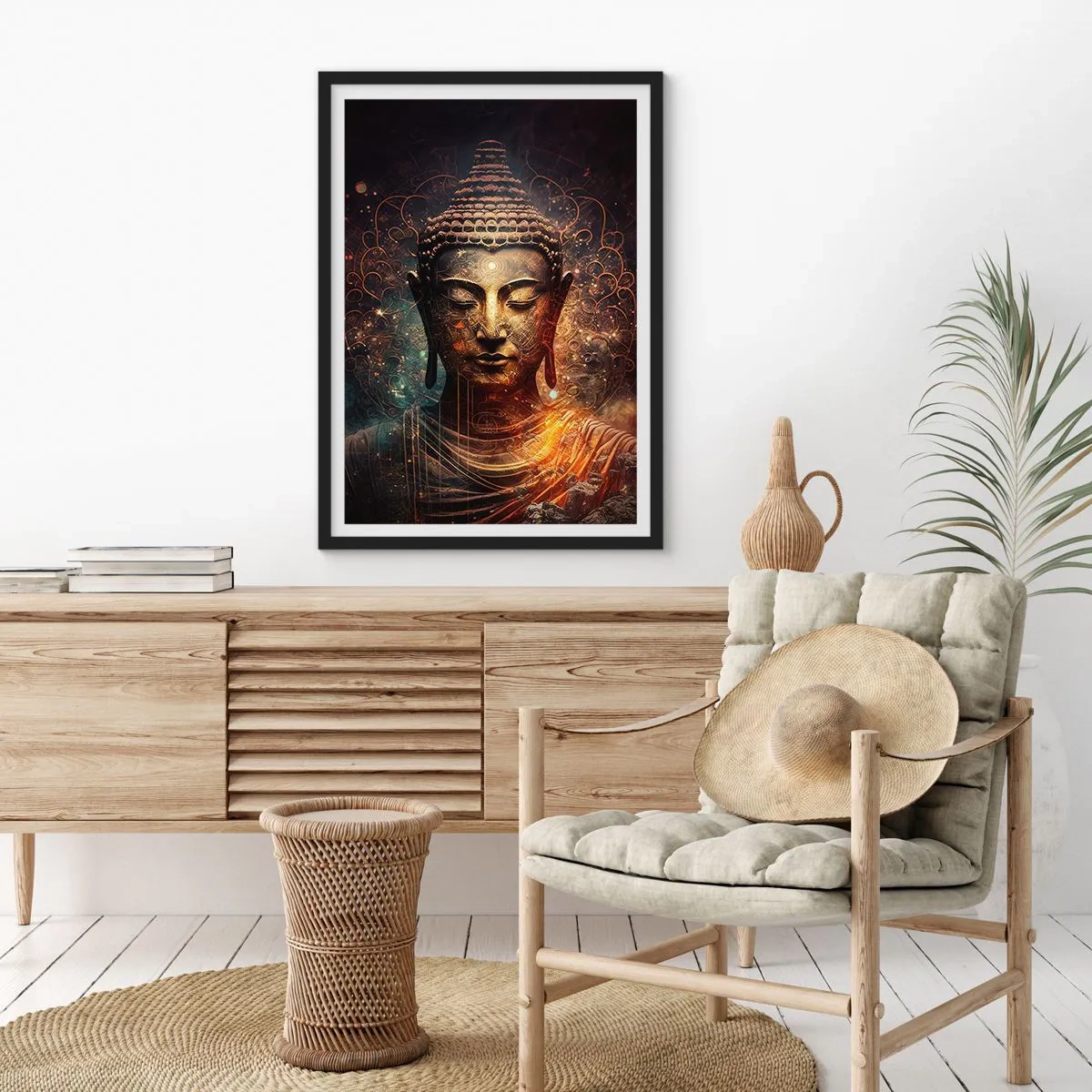 Póster en marco negro - Imagen mística de Buda en tonos dorados. - 50x70cm - Equilibrio espiritual - Decoración de pared moderna para salón y dormitorio ARTTOR