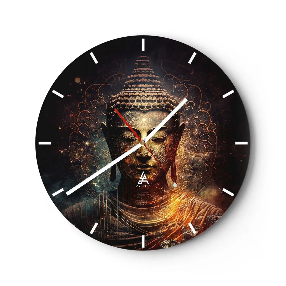 Reloj de pared - Reloj de vidrio - Una imagen dorada de un Buda meditando sobre un fondo oscuro. - 30x30cm - Equilibrio espiritual - Decoración de pared moderna para salón, cocina y dormitorio ARTTOR