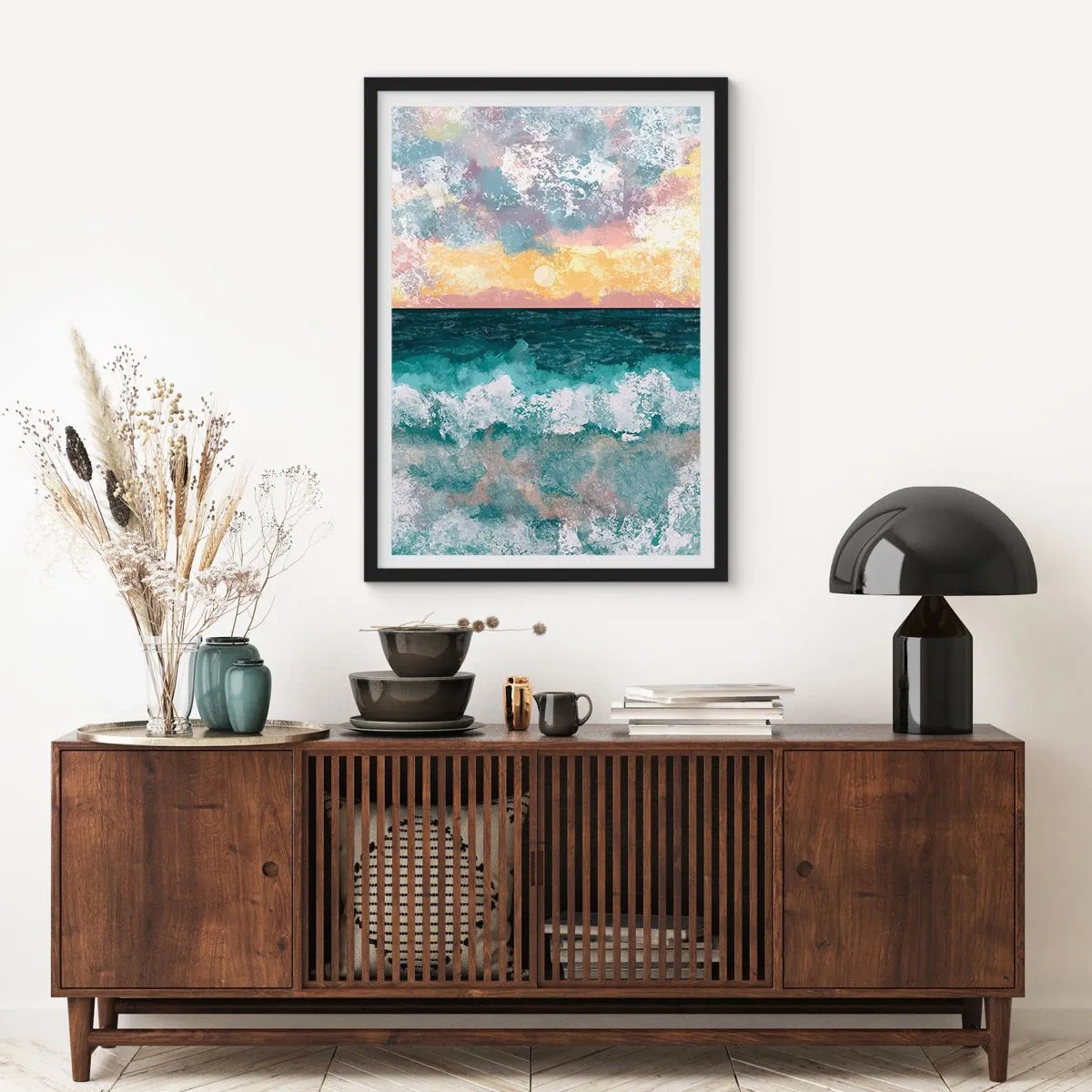 Póster en marco negro - Olas del mar y puesta de sol en estilo acuarela - 50x70cm - Agua, luz, aire - Decoración de pared moderna para salón y dormitorio ARTTOR
