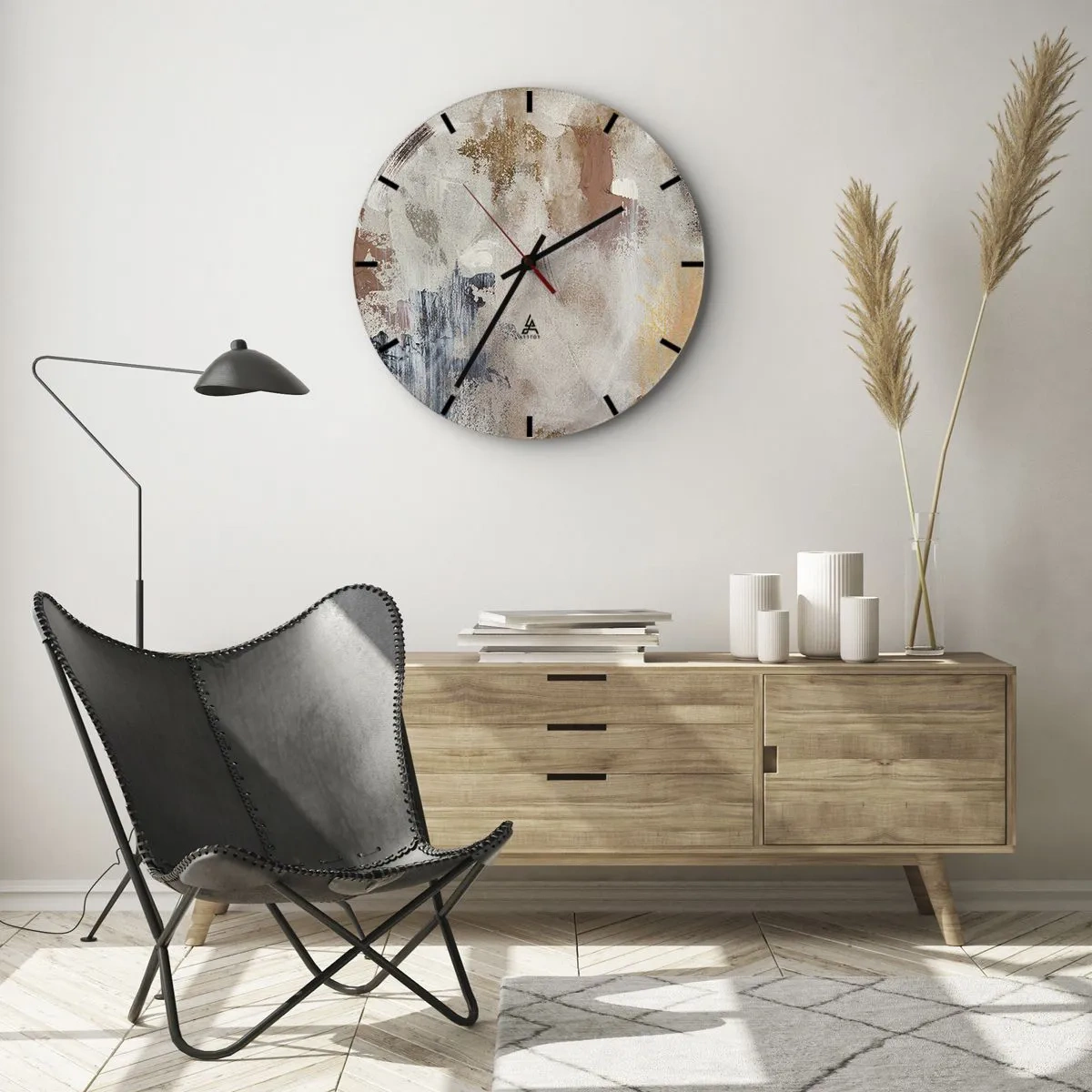 Reloj de pared - Reloj de vidrio - Abstracción beige y marrón con delicadas pinceladas. - 30x30cm - Abstracción brumosa - Decoración de pared moderna para salón, cocina y dormitorio ARTTOR