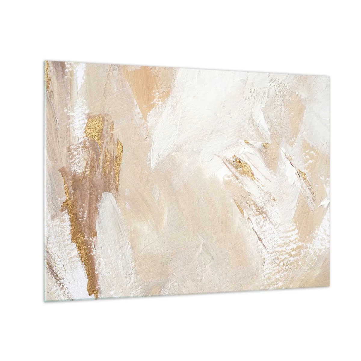 Cuadro sobre vidrio - Impresiones sobre Vidrio - Abstracción beige y blanca con acentos dorados. - 70x50cm - Composición en pastel - Decoración de pared moderna para salón y dormitorio ARTTOR