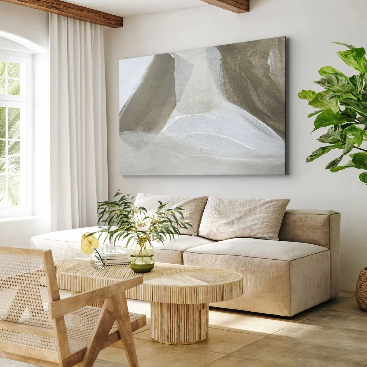 Cuadro sobre lienzo - Impresión de Imagen - Abstracción delicada en tonos beige y blanco. - 70x50cm - Ola de blanco - Decoración de pared moderna para salón y dormitorio ARTTOR
