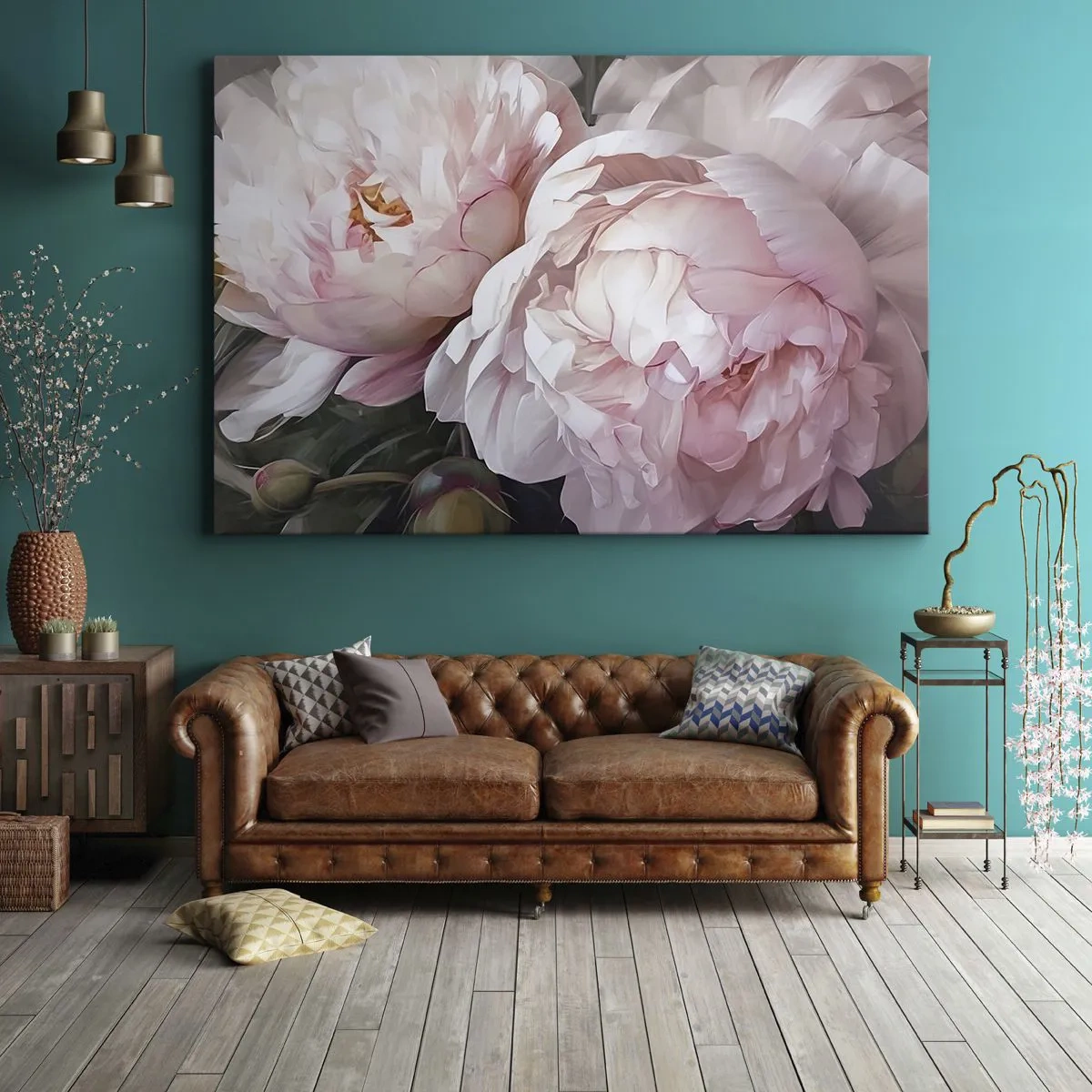 Cuadro sobre lienzo - Impresión de Imagen - Delicadas peonías rosas en plena floración. - 70x50cm - En flor - Decoración de pared moderna para salón y dormitorio ARTTOR