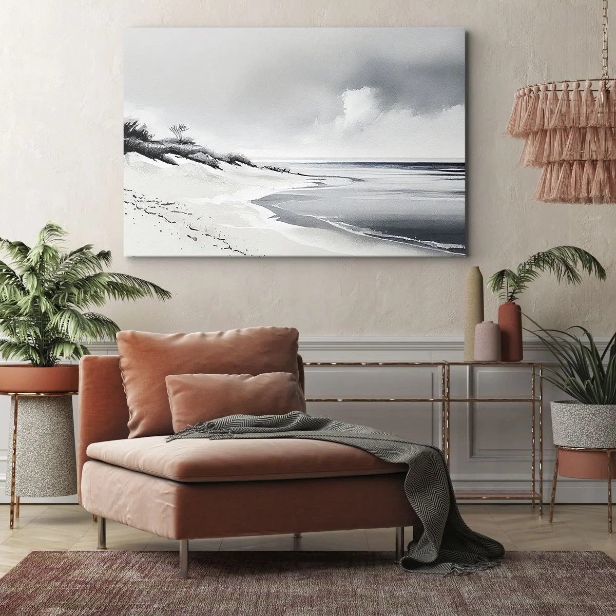 Cuadro sobre lienzo - Impresión de Imagen - Una playa en tonos tenues de gris y azul. - 70x50cm - Juntos desde el principio de los tiempos - Decoración de pared moderna para salón y dormitorio ARTTOR