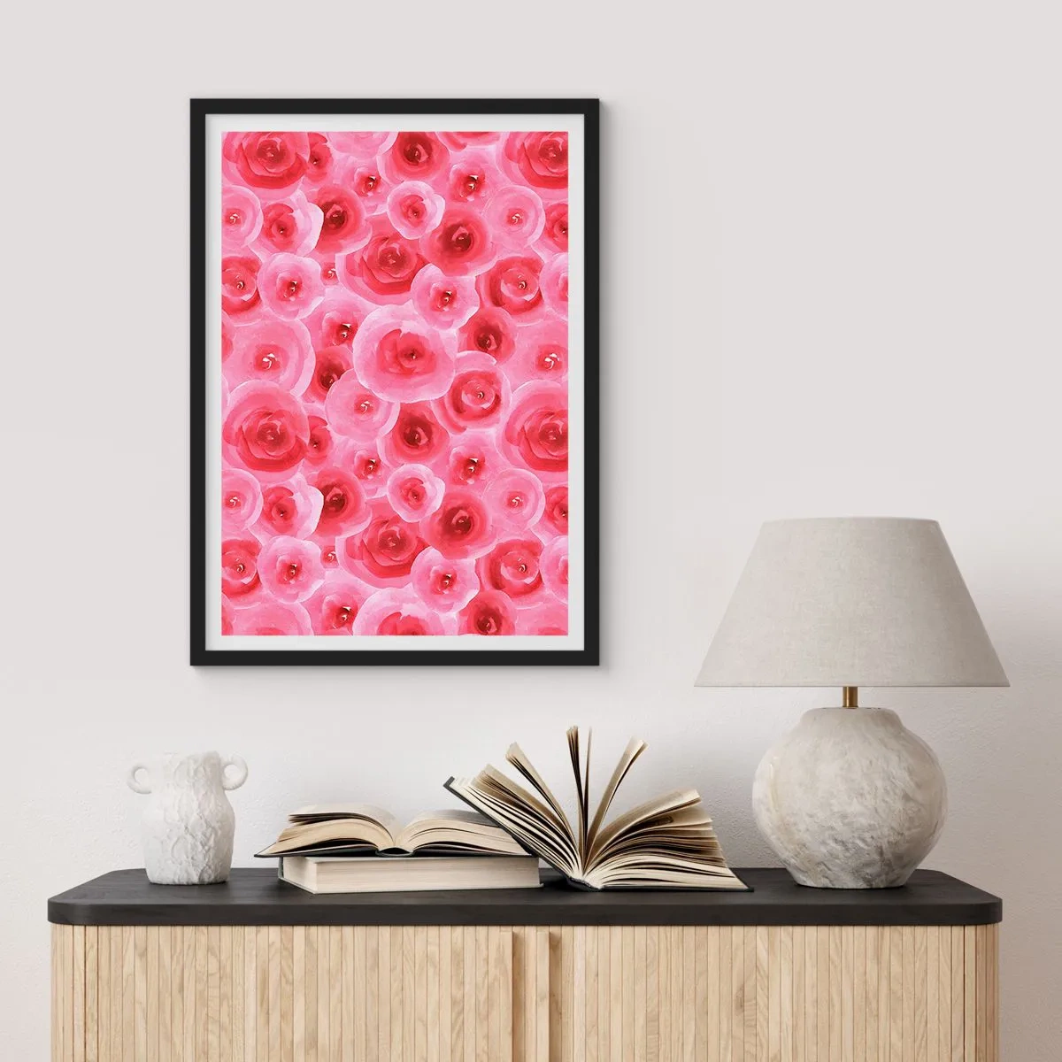 Póster en marco negro - Rosas rosadas de acuarela en un estilo romántico. - 50x70cm - Rosas abajo y arriba - Decoración de pared moderna para salón y dormitorio ARTTOR