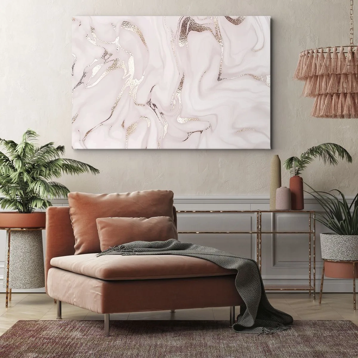 Cuadro sobre lienzo - Impresión de Imagen - Elegante abstracción en tonos rosa y dorado. - 70x50cm - En rosa - Decoración de pared moderna para salón y dormitorio ARTTOR