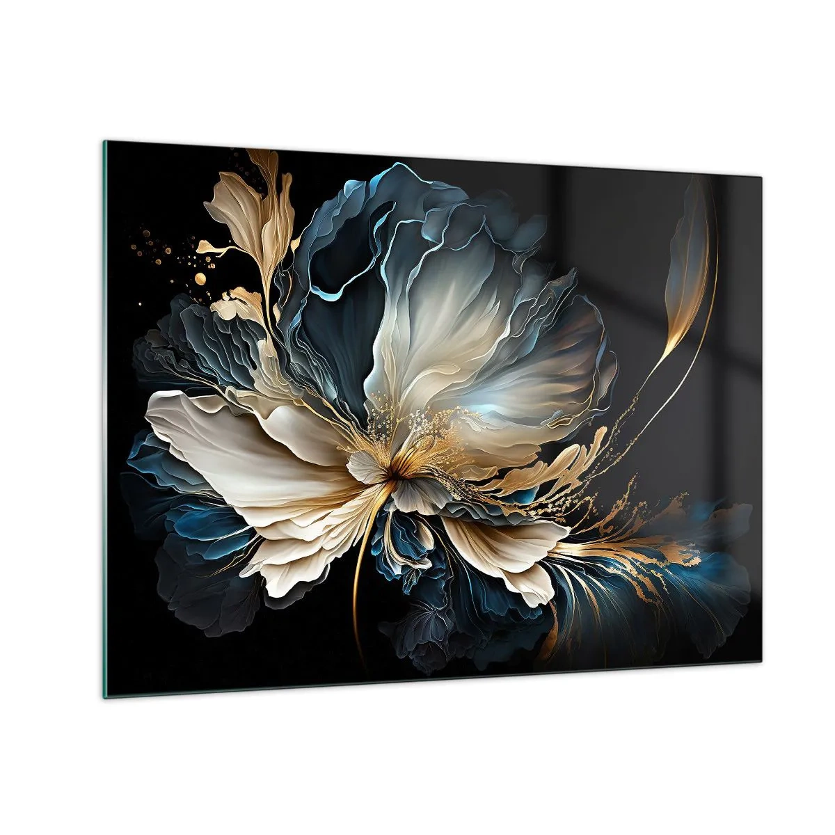 Cuadro sobre vidrio - Impresiones sobre Vidrio - Una flor elegante en tonos dorados, azul marino y beige sobre negro. - 70x50cm - Flor de helecho de cuento - Decoración de pared moderna para salón y dormitorio ARTTOR