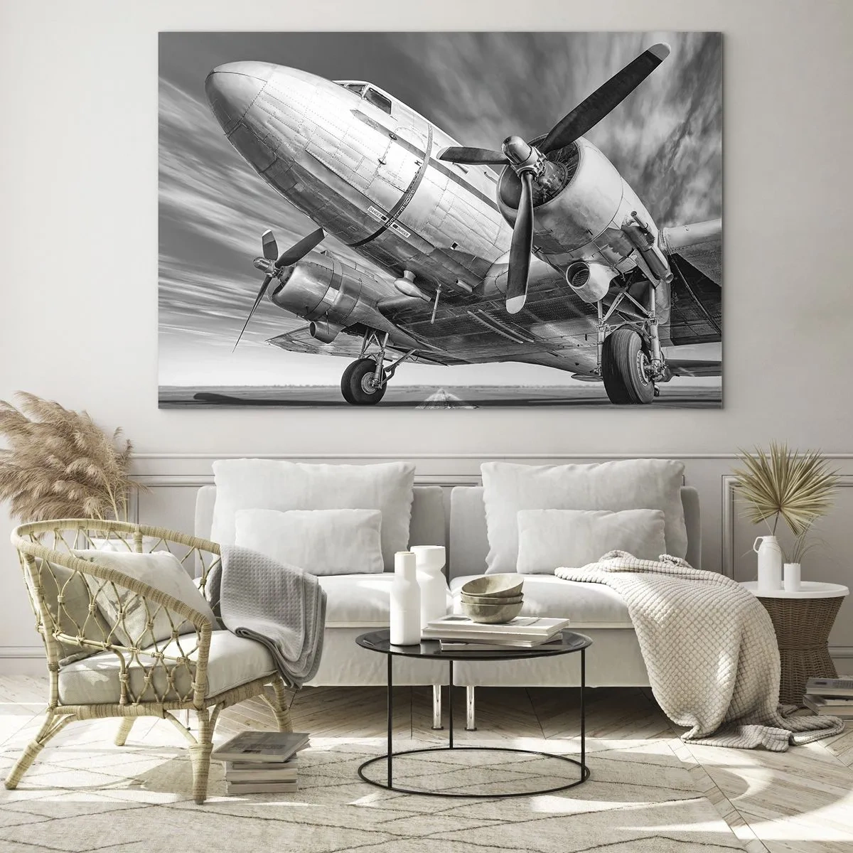 Cuadro sobre vidrio - Impresiones sobre Vidrio - Un avión de hélice en blanco y negro en la pista. - 70x50cm - Siempre listo para volar - Decoración de pared moderna para salón y dormitorio ARTTOR