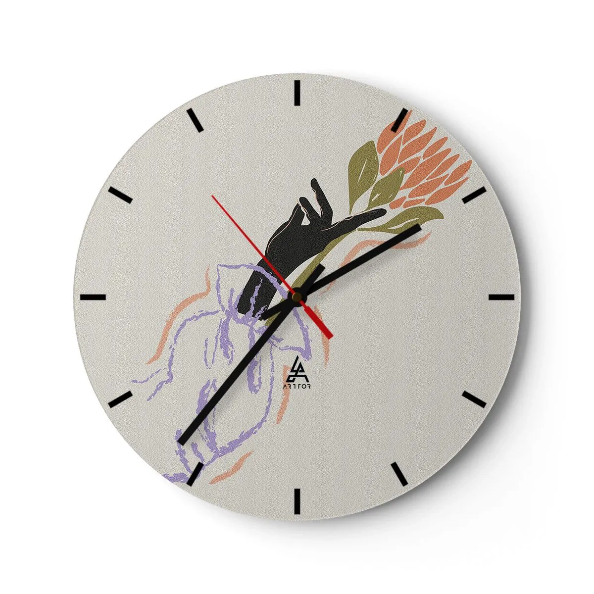 Reloj de pared - Reloj de vidrio - Una mano estilizada sosteniendo una flor en colores pastel. - 30x30cm - Un toque fraternal - Decoración de pared moderna para salón, cocina y dormitorio ARTTOR