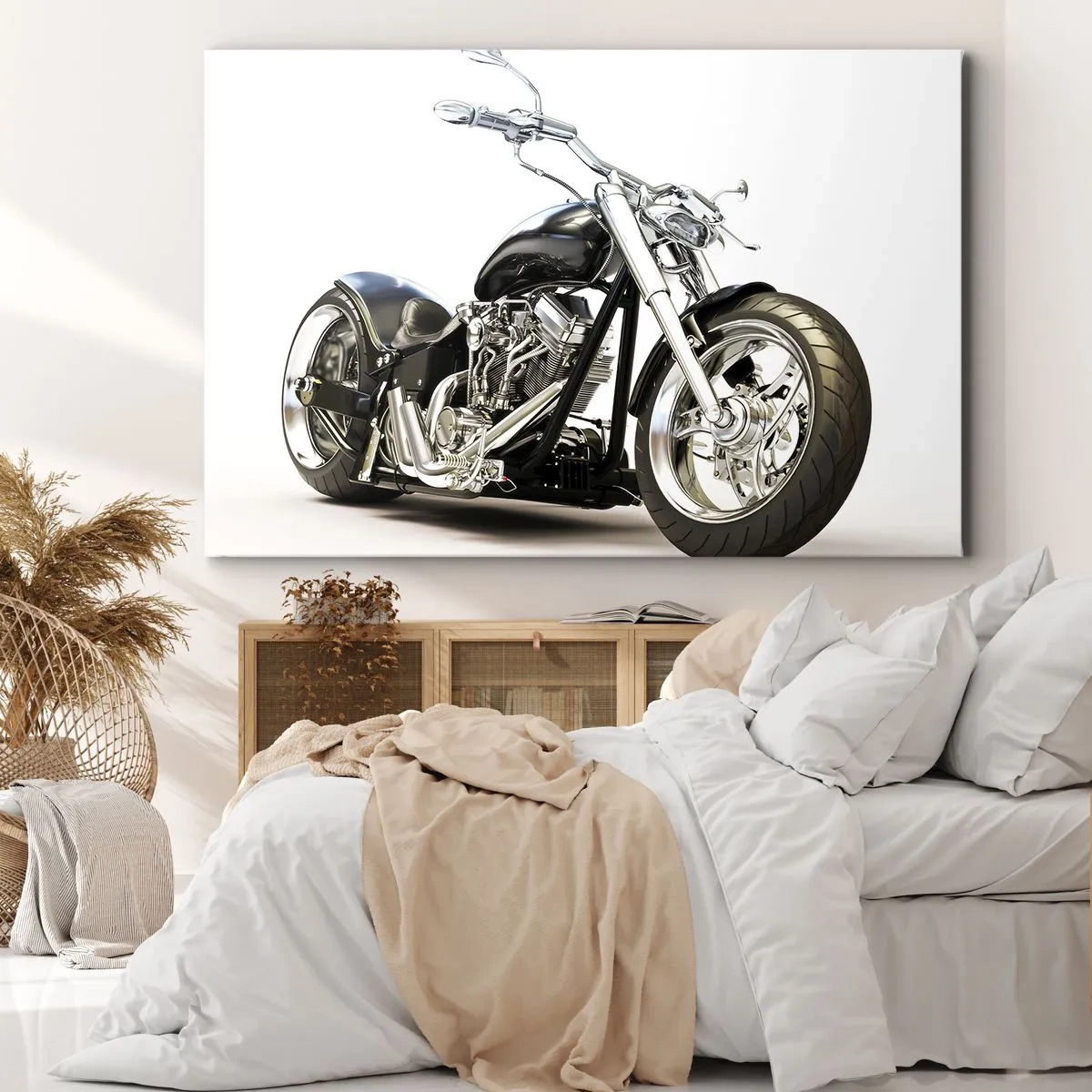 Cuadro sobre lienzo - Impresión de Imagen - Elegante motocicleta negra sobre fondo blanco. - 70x50cm - Una fuerza con carácter - Decoración de pared moderna para salón y dormitorio ARTTOR