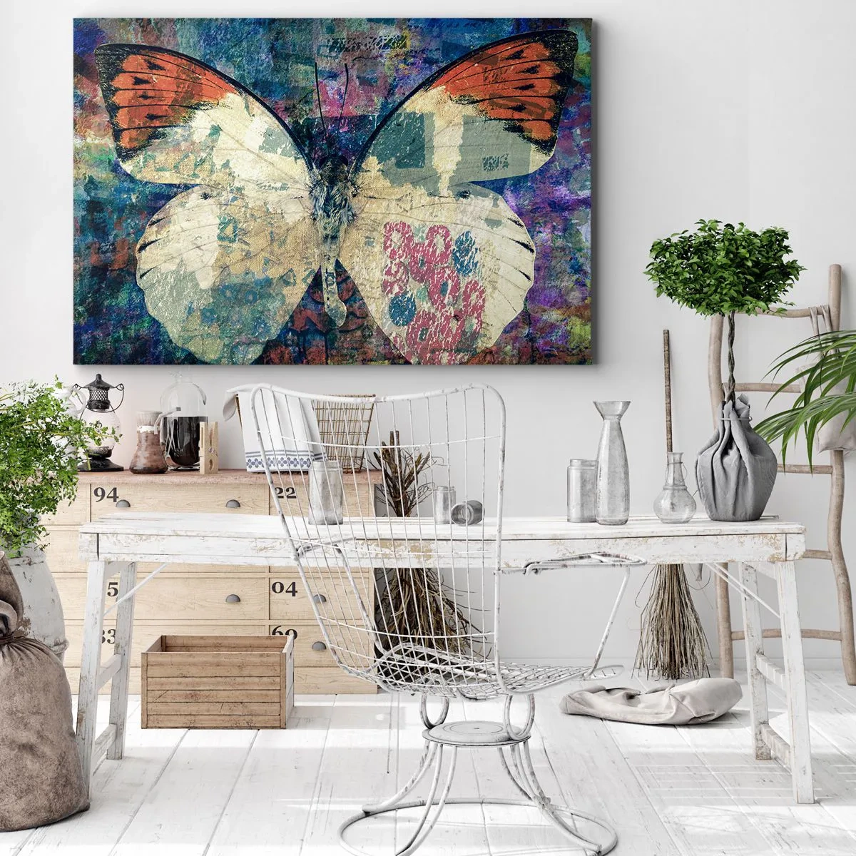 Cuadro sobre lienzo - Impresión de Imagen - Mariposa en un fondo artístico abstracto con detalles coloridos. - 70x50cm - Sutil fragilidad - Decoración de pared moderna para salón y dormitorio ARTTOR