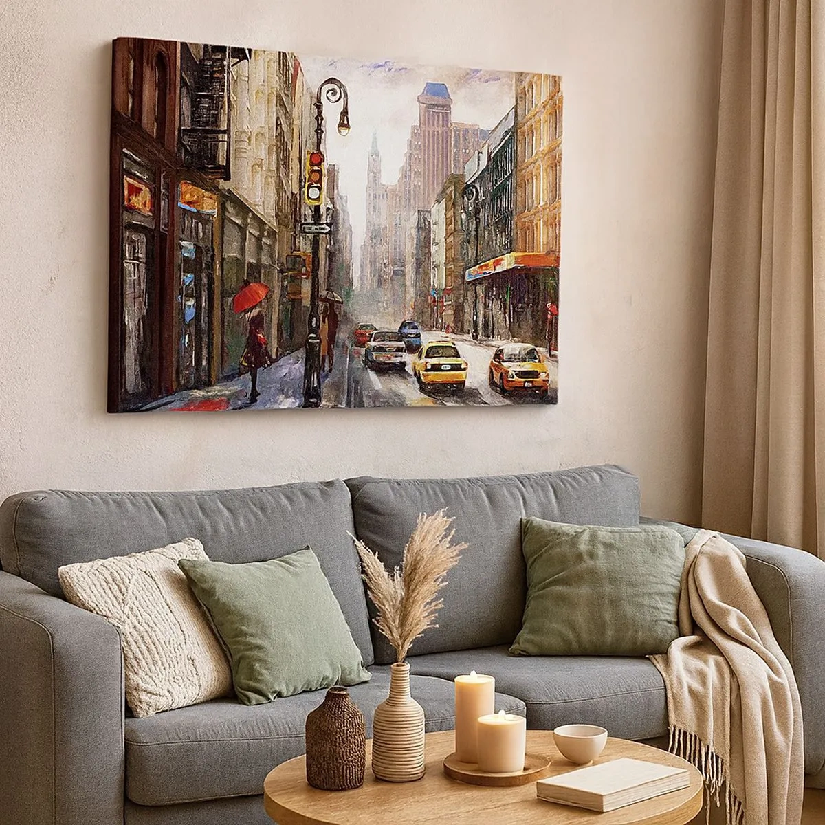 Cuadro sobre lienzo - Impresión de Imagen - Paisaje urbano con una calle y taxis amarillos - 70x50cm - Nueva York - también colorida bajo la lluvia - Decoración de pared moderna para salón y dormitorio ARTTOR