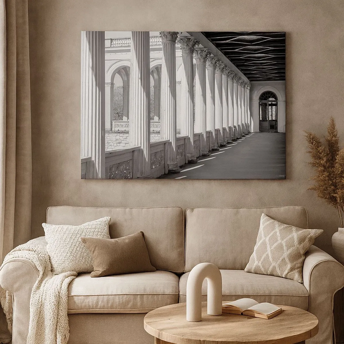 Cuadro sobre lienzo - Impresión de Imagen - Columnata de estilo clásico en blanco y negro - 70x50cm - Galería soleada - Decoración de pared moderna para salón y dormitorio ARTTOR