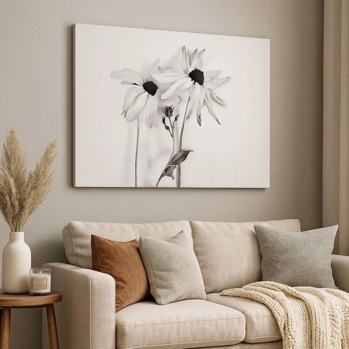 Cuadro sobre lienzo - Impresión de Imagen - Flores en blanco y negro con una composición sutil. - 70x50cm - Nadie quiere estar solo - Decoración de pared moderna para salón y dormitorio ARTTOR