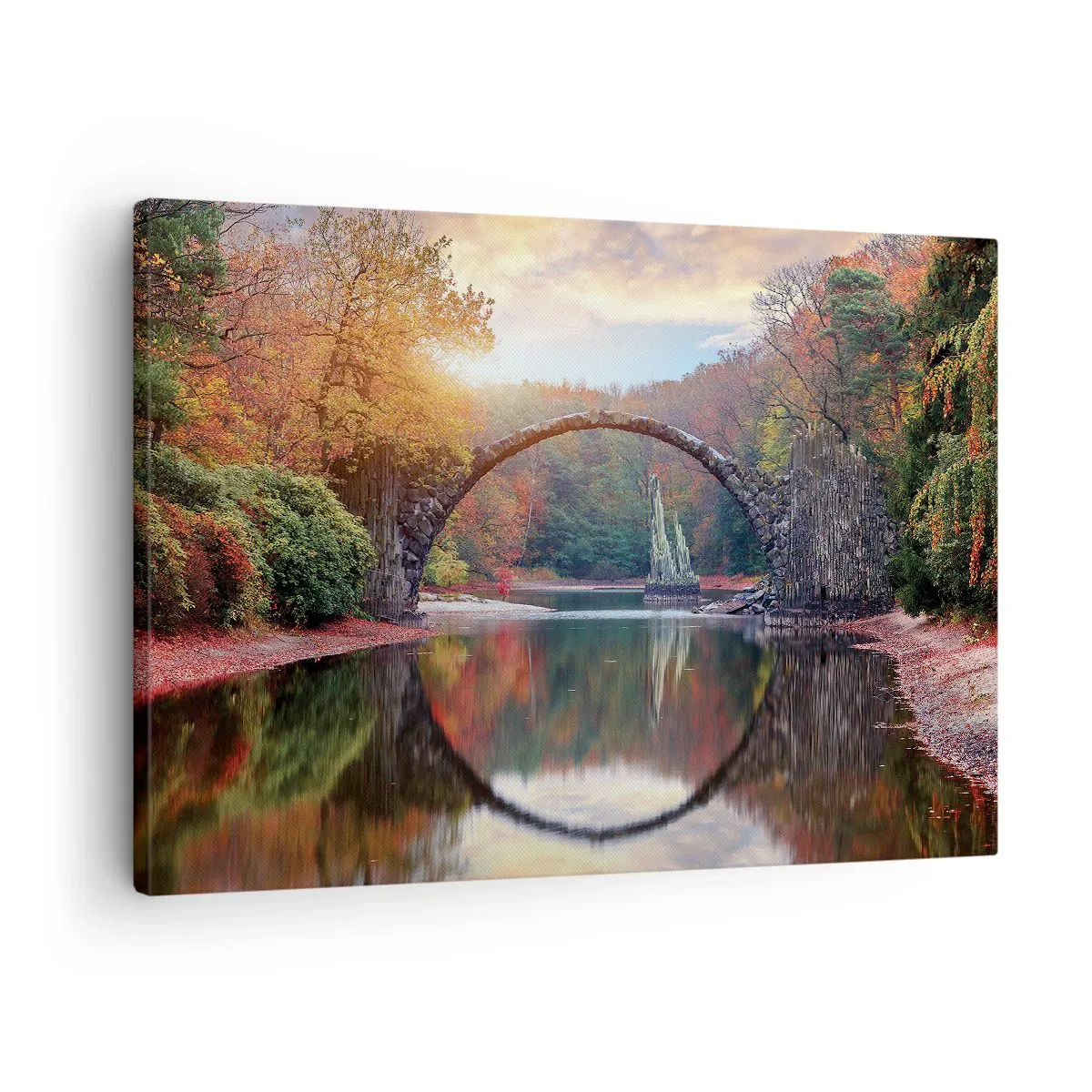 Cuadro sobre lienzo - Impresión de Imagen - Un puente de piedra en un paisaje otoñal sobre aguas tranquilas. - 70x50cm - Al otro lado del espejo - Decoración de pared moderna para salón y dormitorio ARTTOR