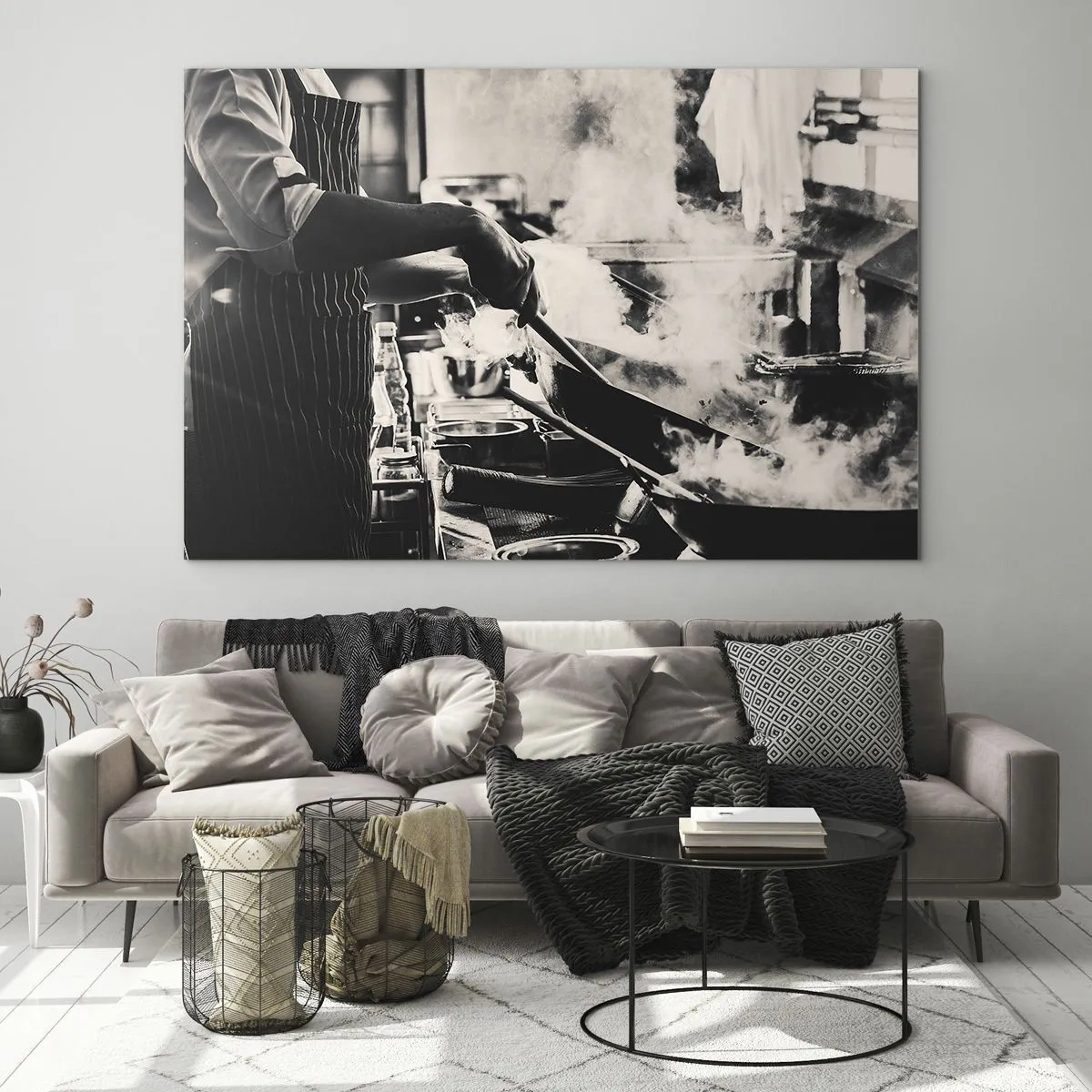 Cuadro sobre vidrio - Impresiones sobre Vidrio - Un chef en acción con una sartén en una cocina llena de vapor. - 70x50cm - Alquimia de sabores - Decoración de pared moderna para salón y dormitorio ARTTOR