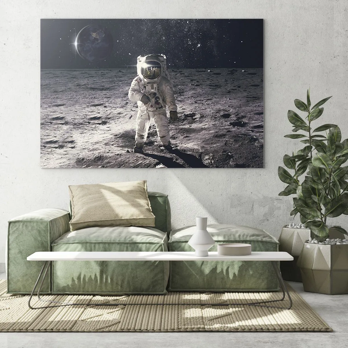 Cuadro sobre vidrio - Impresiones sobre Vidrio - Astronauta en la superficie de la Luna con la Tierra al fondo - 70x50cm - Saludos desde la Luna - Decoración de pared moderna para salón y dormitorio ARTTOR