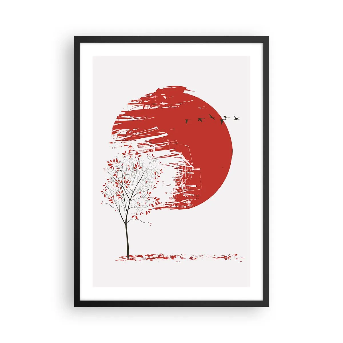 Póster en marco negro - Círculo rojo con árbol y pájaros en estilo minimalista. - 50x70cm - ¿Conoces este país? - Decoración de pared moderna para salón y dormitorio ARTTOR