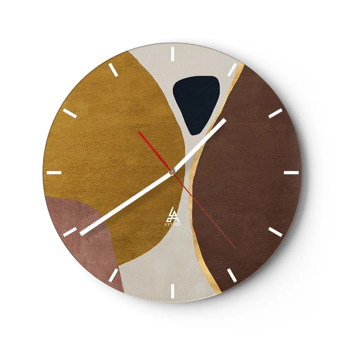 Reloj de pared - Reloj de vidrio - Formas abstractas en tonos marrones, beige y dorados. - 30x30cm - Abstracción - un lugar en el espacio - Decoración de pared moderna para salón, cocina y dormitorio ARTTOR
