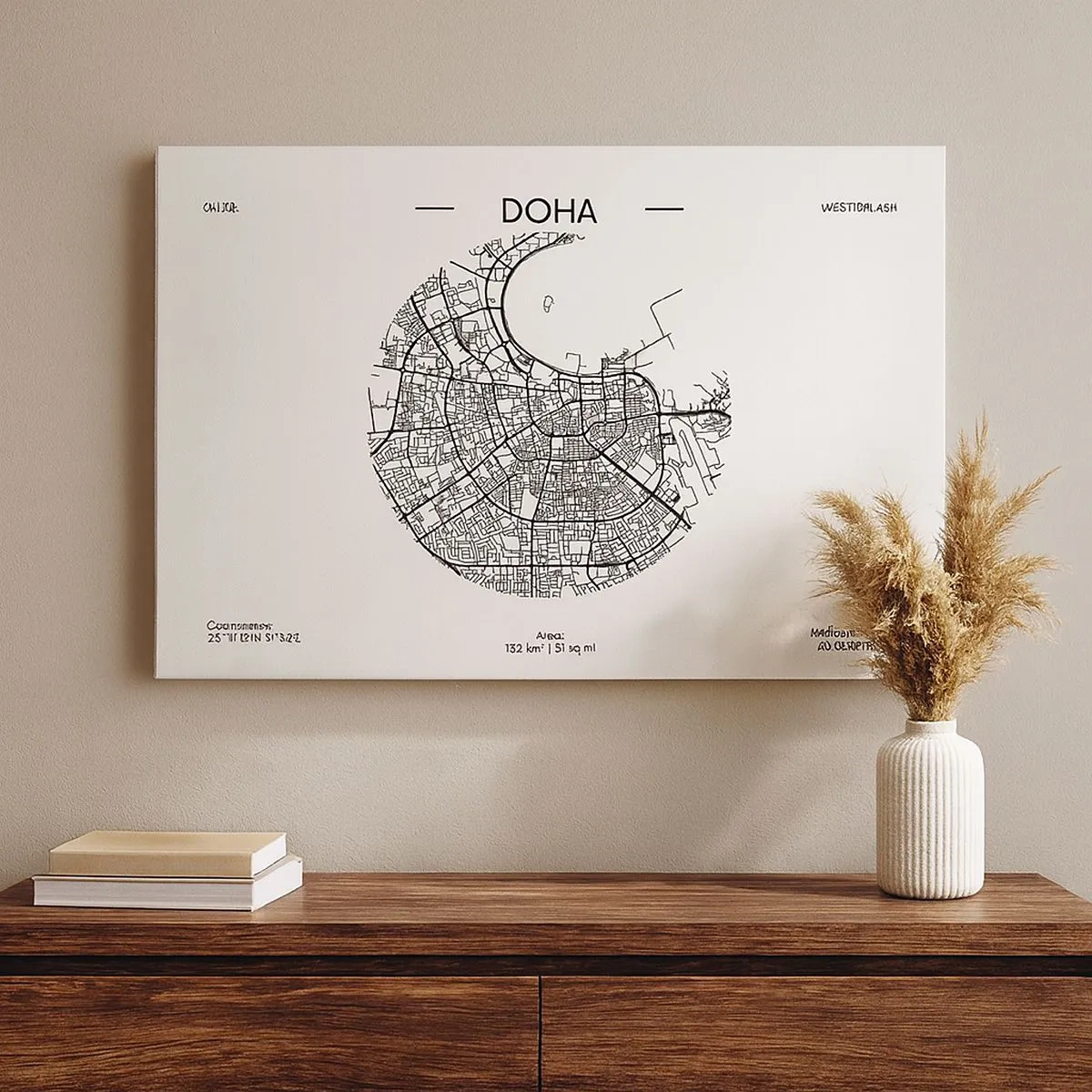 Cuadro sobre lienzo - Impresión de Imagen - Un mapa minimalista de Doha en blanco y negro con detalles precisos. - 70x50cm - Anatomía de Doha - Decoración de pared moderna para salón y dormitorio ARTTOR